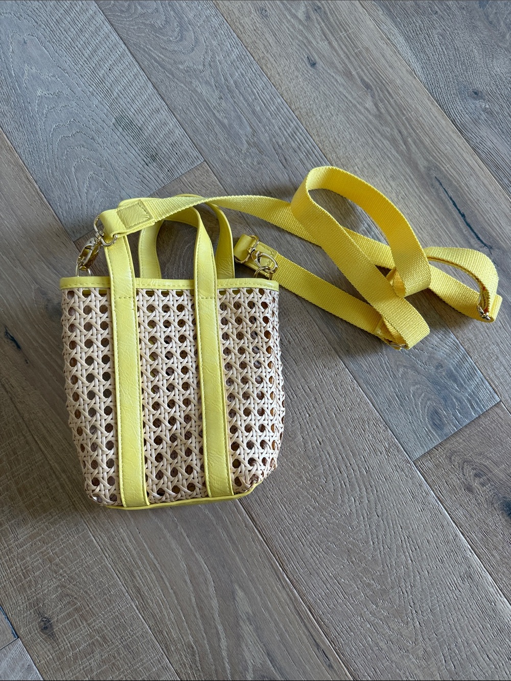 Yellow-Trim Woven Crossbody Bag with Adjustable Strap
